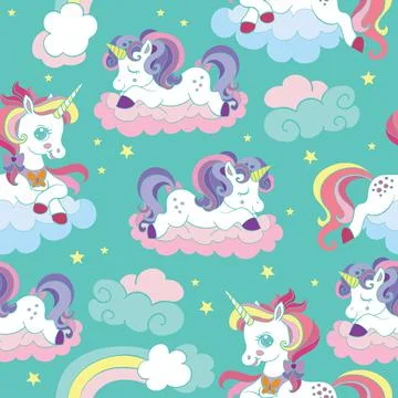 Seamless vector pattern with dreaming baby unicorns turquoise 스톡 일러스트