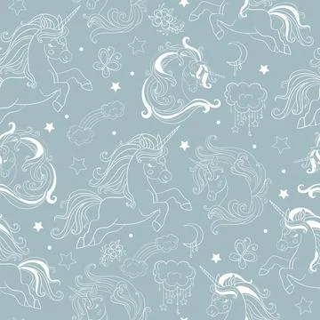 Seamless vector pattern with dreaming monochrome unicorns 스톡 일러스트