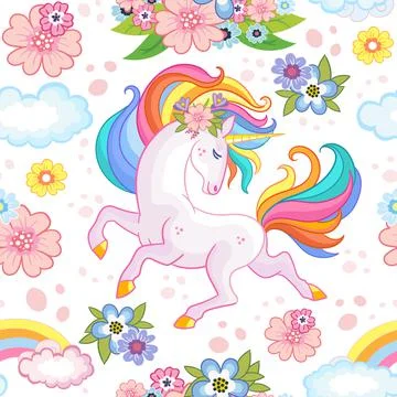 Seamless vector pattern with dreaming unicorn and flowers Stock Illustration