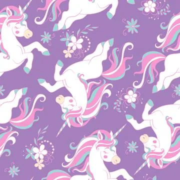 Seamless vector pattern with dreaming unicorns on purple Stockillustratie