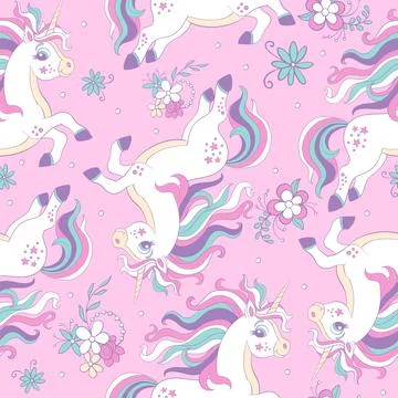 Seamless vector pattern with dreaming unicorns on pink Stockillustratie