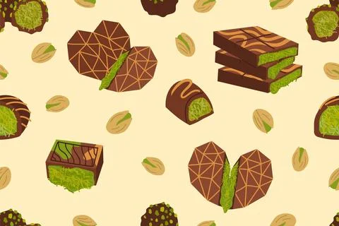 Seamless vector pattern of Dubai chocolate bars and truffles with green pis.. 스톡 일러스트