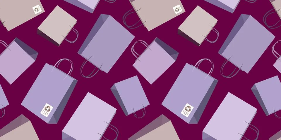 Seamless vector pattern with eco-friendly shopping bags on burgundy backgro.. Stock Illustration