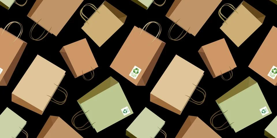 Seamless vector pattern with eco shopping bags on black background, reusabl.. Stock Illustration