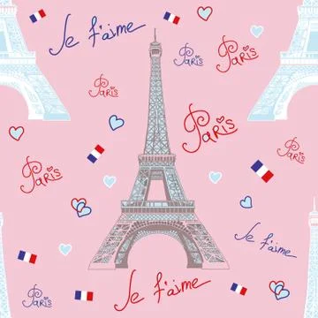 Seamless vector pattern with Eiffel tower on pink background Stock Illustration