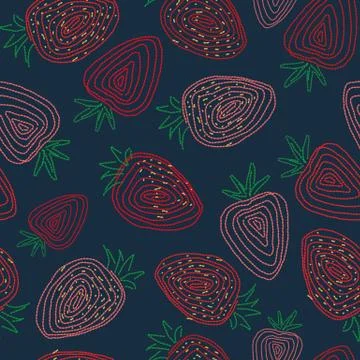Seamless vector pattern with embroided strawberries on dark teal background 스톡 일러스트
