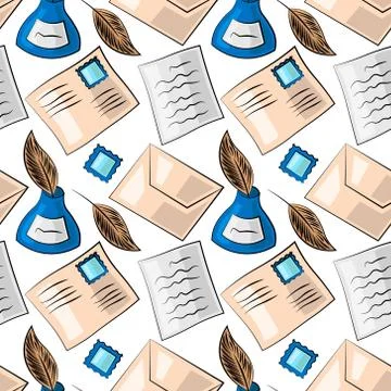 Seamless vector pattern with envelopes, inkwells, letters and pens 스톡 일러스트
