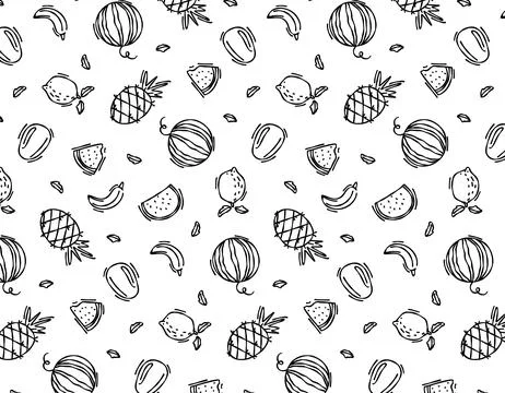 Seamless vector pattern of exotic fruits on a white background. Doodle frui.. Stock Illustration