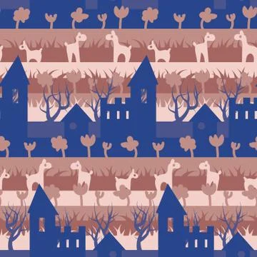 Seamless vector pattern with fairy tale castle animals and plants Stock Illustration