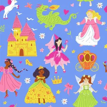 Seamless vector pattern with fairy tale characters and symbols, multi ethnic Illustrazione stock