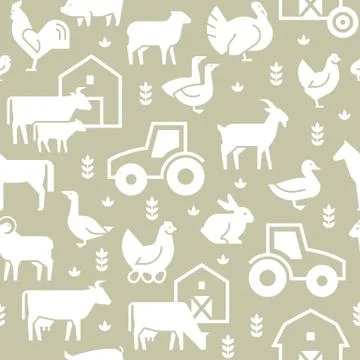 Seamless vector pattern of farm animals, buildings, equipment and other elements Stock Illustration