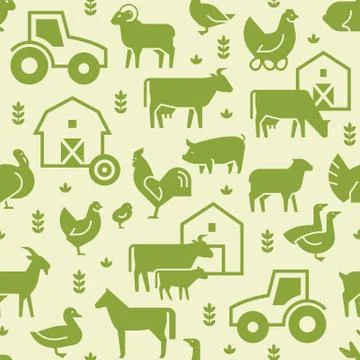 Seamless vector pattern of farm animals, buildings, equipment and other elements Illustrazione stock