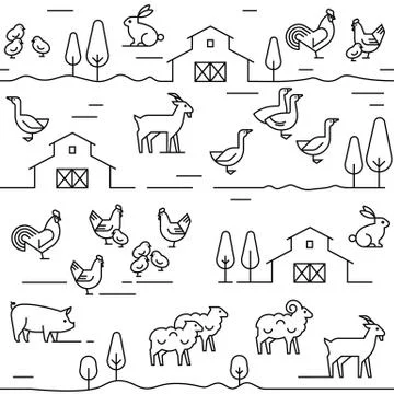 Seamless vector pattern of farm animals, buildings, equipment and other elements Stock Illustration