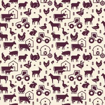 Seamless vector pattern of farm animals, buildings, equipment and other elements Stock Illustration