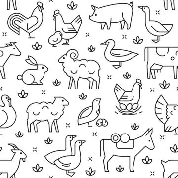 Seamless vector pattern of farm animals, buildings, equipment and other elements Stock Illustration