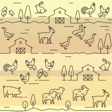 Seamless vector pattern of farm animals, buildings, equipment and other elements 스톡 일러스트