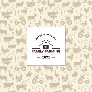 Seamless vector pattern of farm animals, buildings, equipment and other elements Stock Illustration