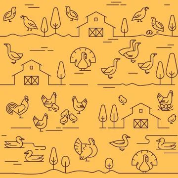 Seamless vector pattern of farm animals, buildings, equipment and other elements Stock Illustration