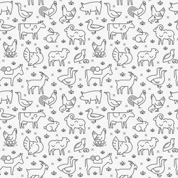 Seamless vector pattern of farm animals, buildings, equipment and other elements Stock Illustration
