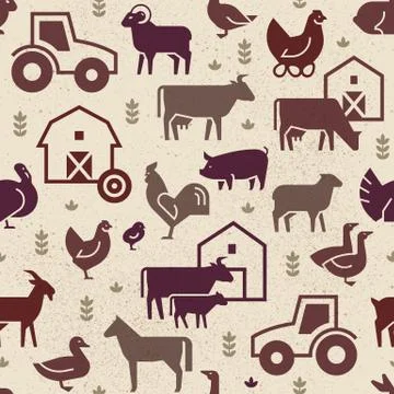 Seamless vector pattern of farm animals, buildings, equipment and other elements Stock Illustration