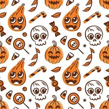 Seamless vector pattern features adorable kawaii skulls, playful pumpkins, and Stock Illustration
