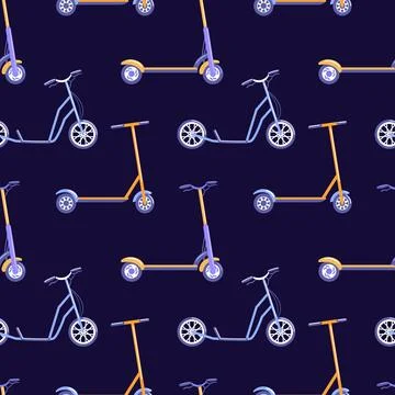 This seamless vector pattern features an array of scooters on a dark background Stock Illustration