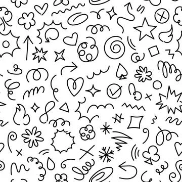 Seamless vector pattern featuring black and white hand-drawn stickers Stock Illustration