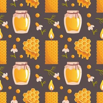 A seamless vector pattern featuring candles surrounded by honeycomb textures Illustrazione stock