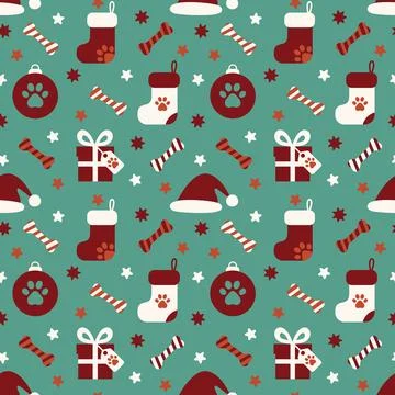 A seamless vector pattern featuring Christmas-themed pet elements. Stock Illustration