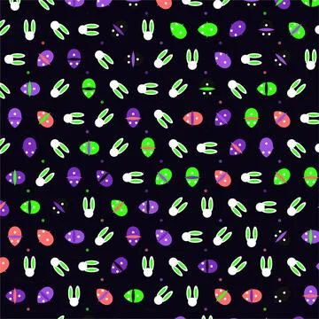 Seamless vector pattern featuring colorful abstract easter eggs and cute bu.. Stock Illustration