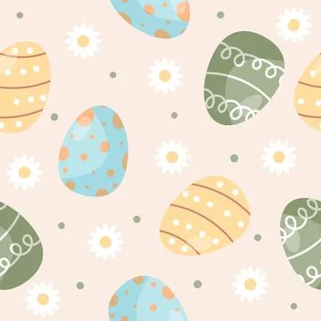A seamless vector pattern featuring colourful Easter eggs and flowers. Stock Illustration