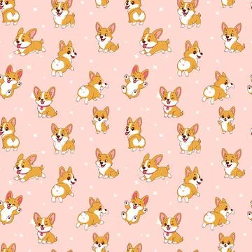 Seamless vector pattern featuring cute cartoon Corgi puppies Illustrazione stock
