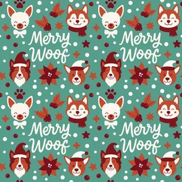 Seamless vector pattern featuring cute holiday dogs. Stock Illustration