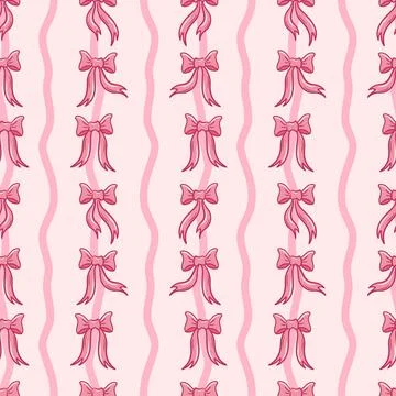 Seamless vector pattern featuring delicate pink bows, cottage core motifs, and Stock Illustration