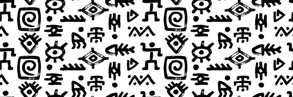 Seamless vector pattern featuring ethnic eye, people, swirl, and tropical fish 스톡 일러스트