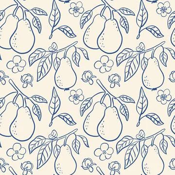 Seamless vector pattern featuring hand drawn pears with leaves and flowers .. Stock Illustration