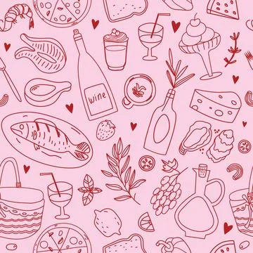 Seamless vector pattern featuring hand drawn whimsical illustrations of foo.. Stock Illustration