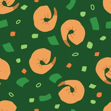 Seamless Vector Pattern Featuring Shrimp, Carrots, Spring Onion, and Fresh Herbs Stock Illustration