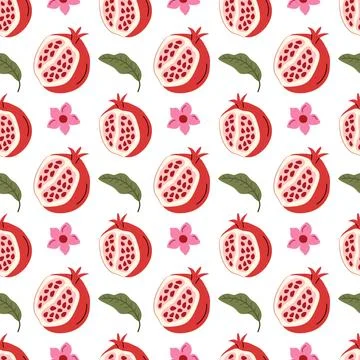 Seamless vector pattern featuring sliced pomegranates, flowers and green leav Stock Illustration