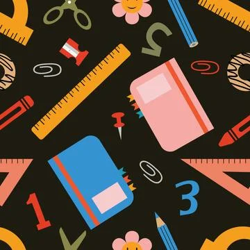 A seamless vector pattern featuring a variety of colorful flat-style school.. Illustrazione stock