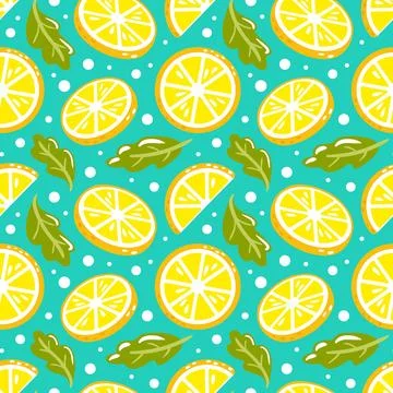 A seamless vector pattern featuring vibrant lemons and mint leaves. The pla.. Stock Illustration