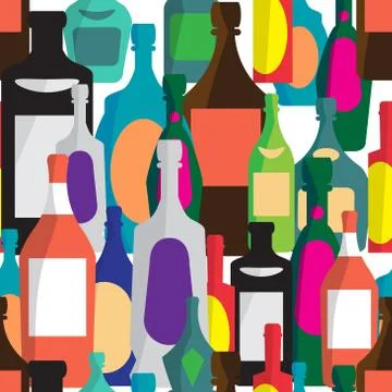 Seamless vector pattern with flat bottles of alcoholic beverages Stock Illustration