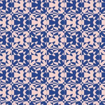Seamless vector pattern with floral and geometric shapes in pink and indigo blue Stock Illustration