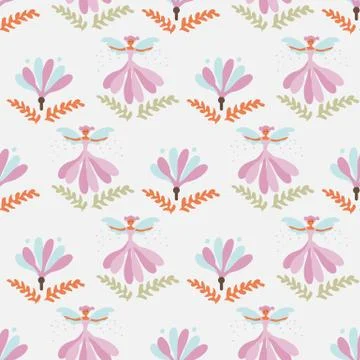 Seamless vector pattern with flower fairies in the garden Stock Illustration