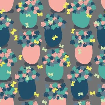 Seamless vector pattern with flower vases and butterfliess Stock Illustration