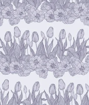 Seamless vector pattern with flowers in horizontal lines Stock Illustration