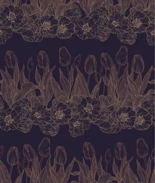 Seamless vector pattern with flowers in horizontal lines Stock Illustration