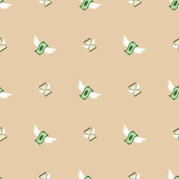 Seamless vector pattern of flying paper money and hourglass Stock Illustration