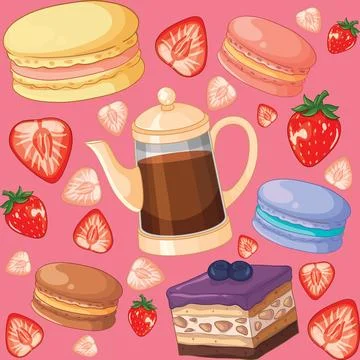Seamless Vector Pattern with French Macarons Coffee and Fresh Strawberries Stock Illustration
