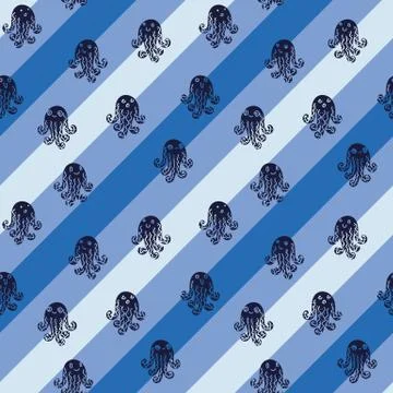 Seamless vector pattern with friendly octopuses on diagonal striped background Stock Illustration